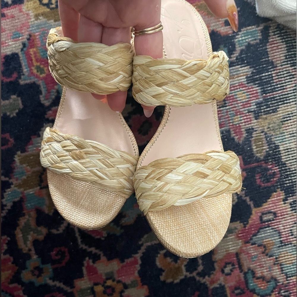 J.Crew Lucie woven braided-strap sandals raffia-inspired, 3” heel worn sz 6.5 - Picture 8 of 11